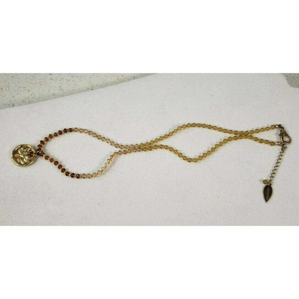 Coldwater Creek Necklace Yellow & Gold Tone Beaded Stamped Floral Pendant 19
